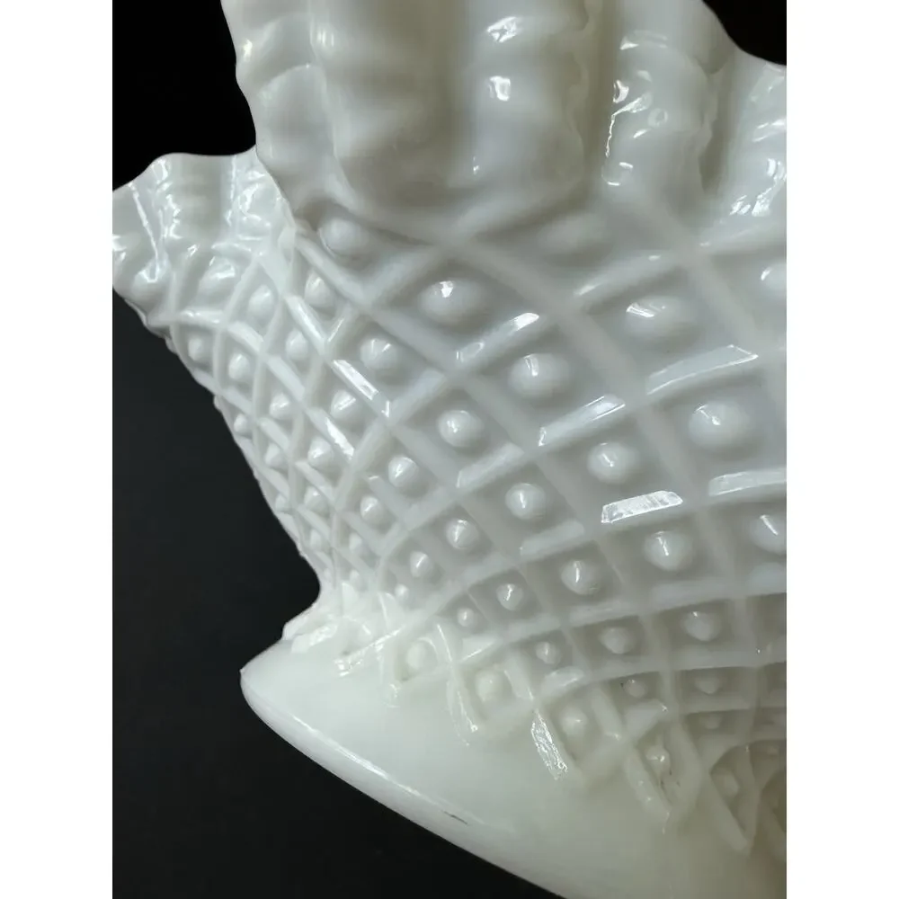 Fenton Hobnail White Milk Glass Double Crimped Ruffled Vase Vintage Pedestal